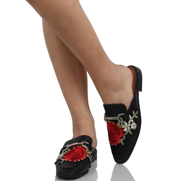 Black Rose Embroidery Backless Slip On Loafer Mule - Picture 6 of 6